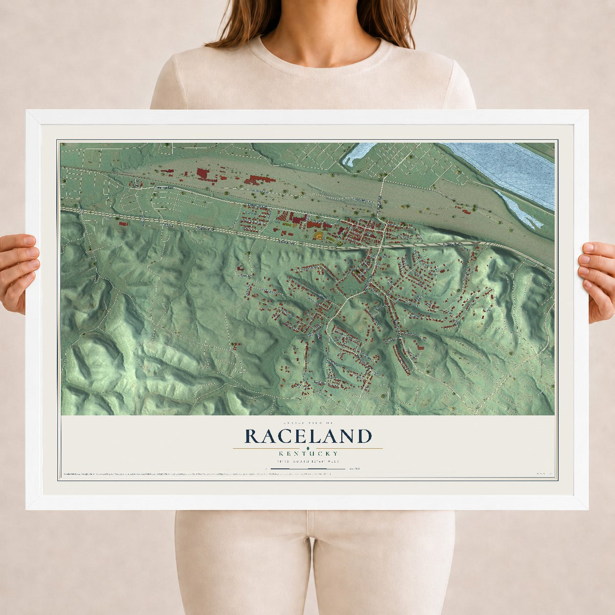 Map of Raceland, Kentucky, 18 x 24 inch print in a white wood frame