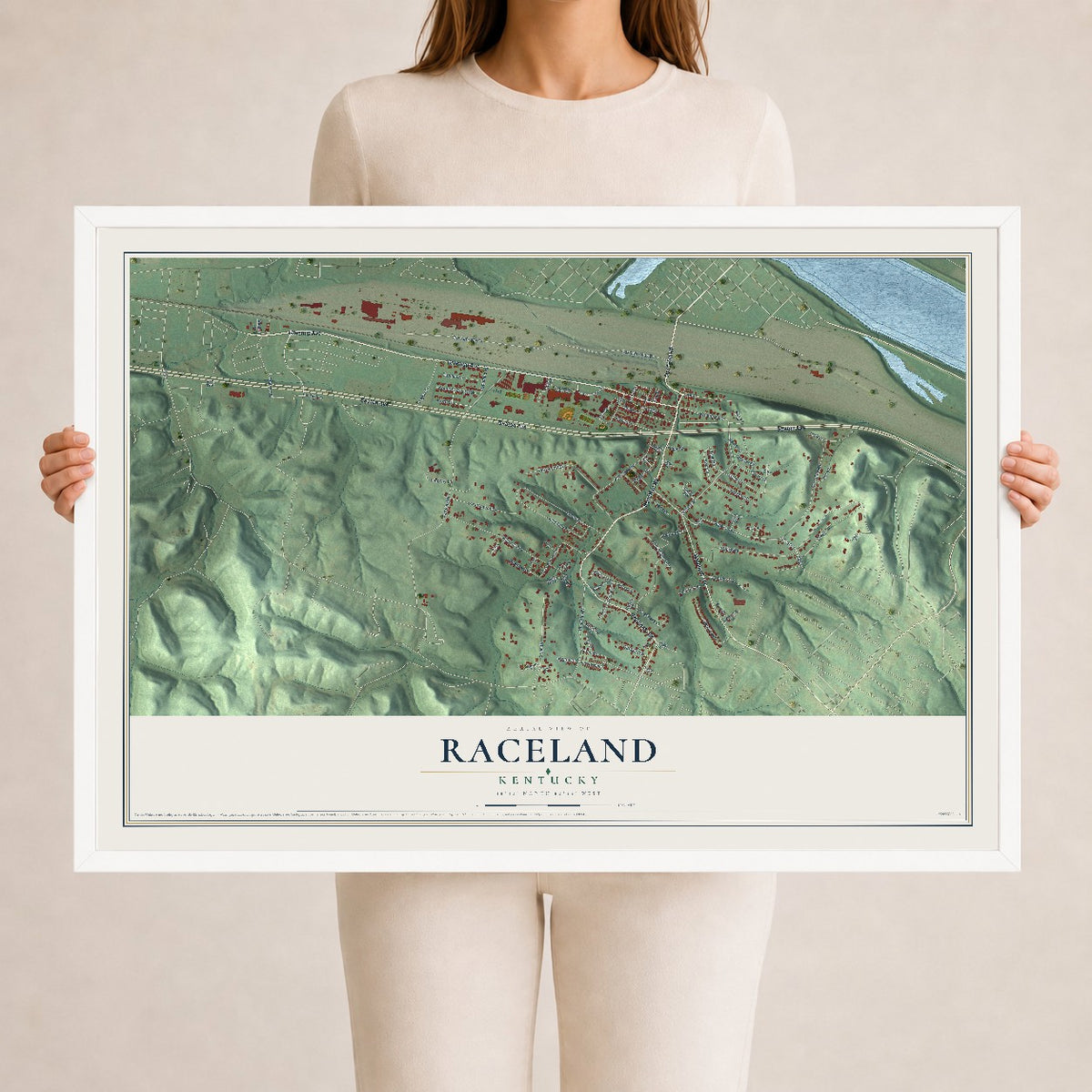 Map of Raceland, Kentucky, 24 x 36 inch print in a white wood frame