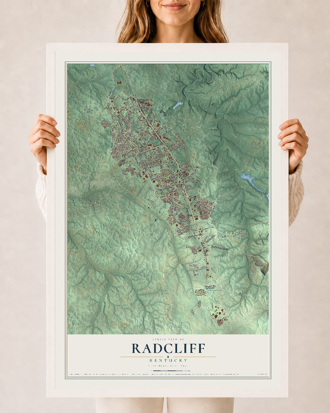 Map of Radcliff, Kentucky, 24 x 36 inch print in a white wood frame