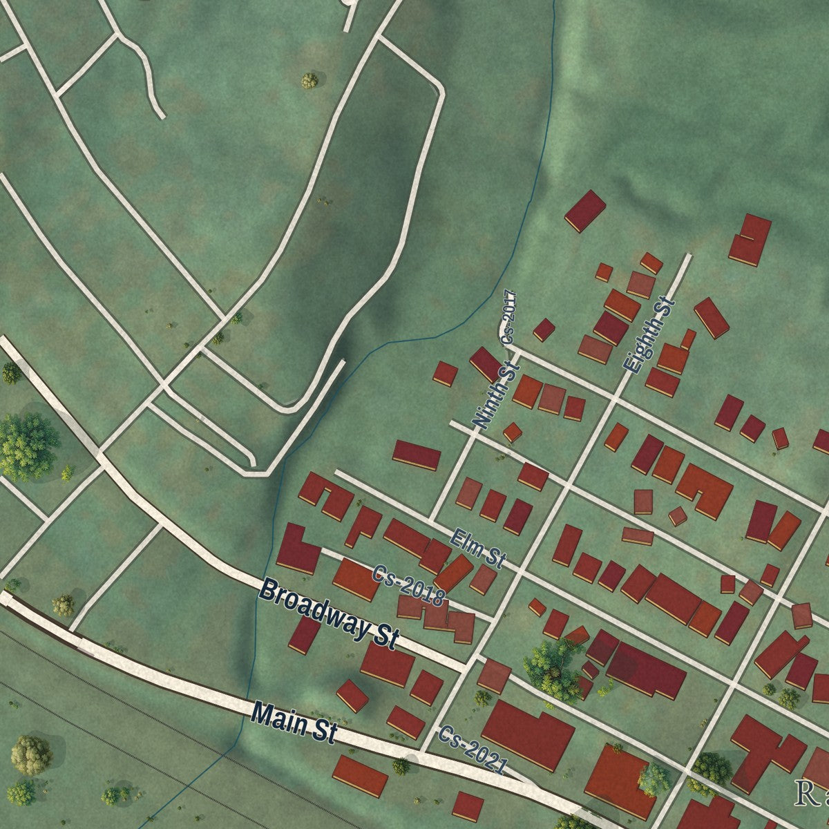 Second close-up of the map of Ravenna, Kentucky print showing more streets and buildings