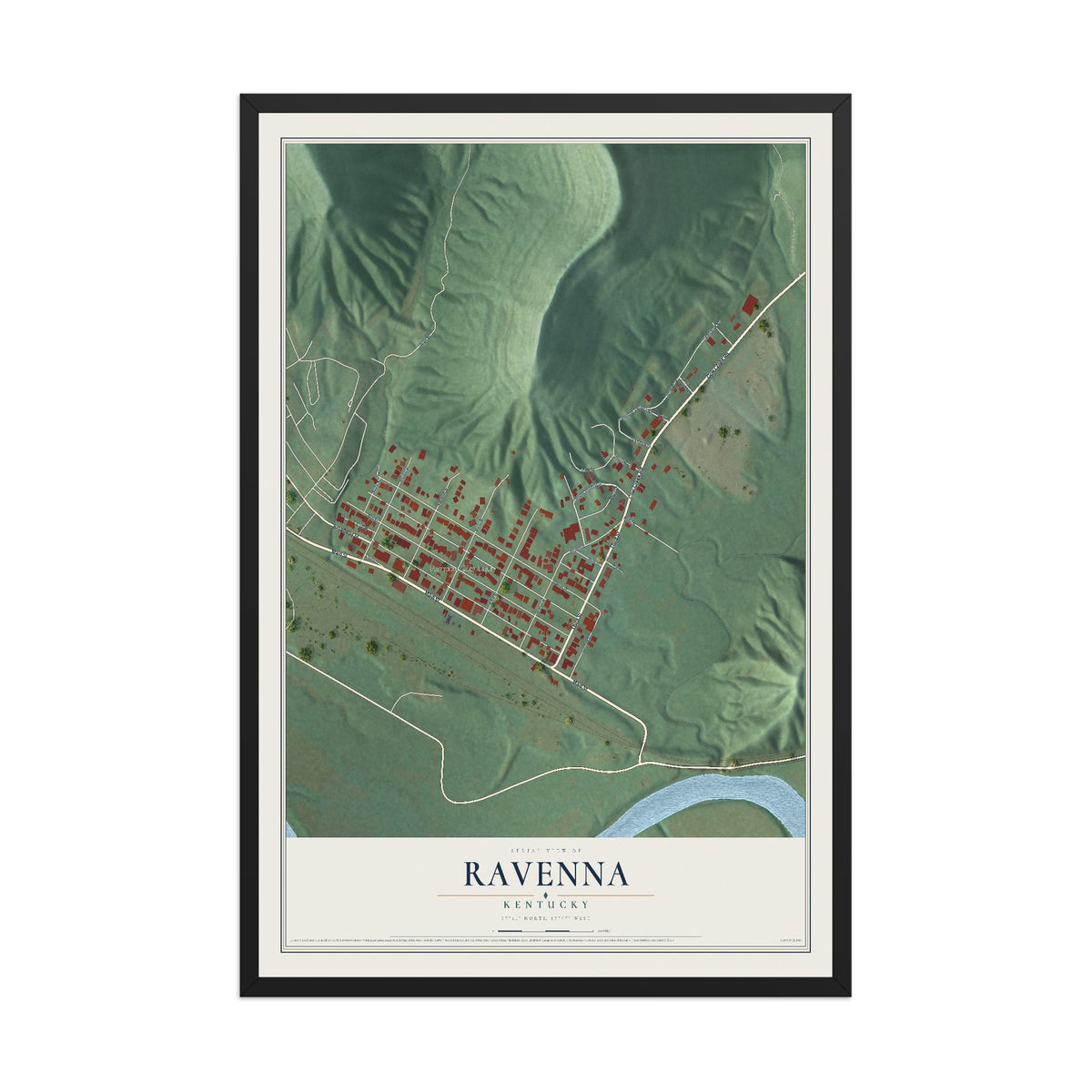 Map of Ravenna, Kentucky, 12 x 18 inch print in a black wood frame