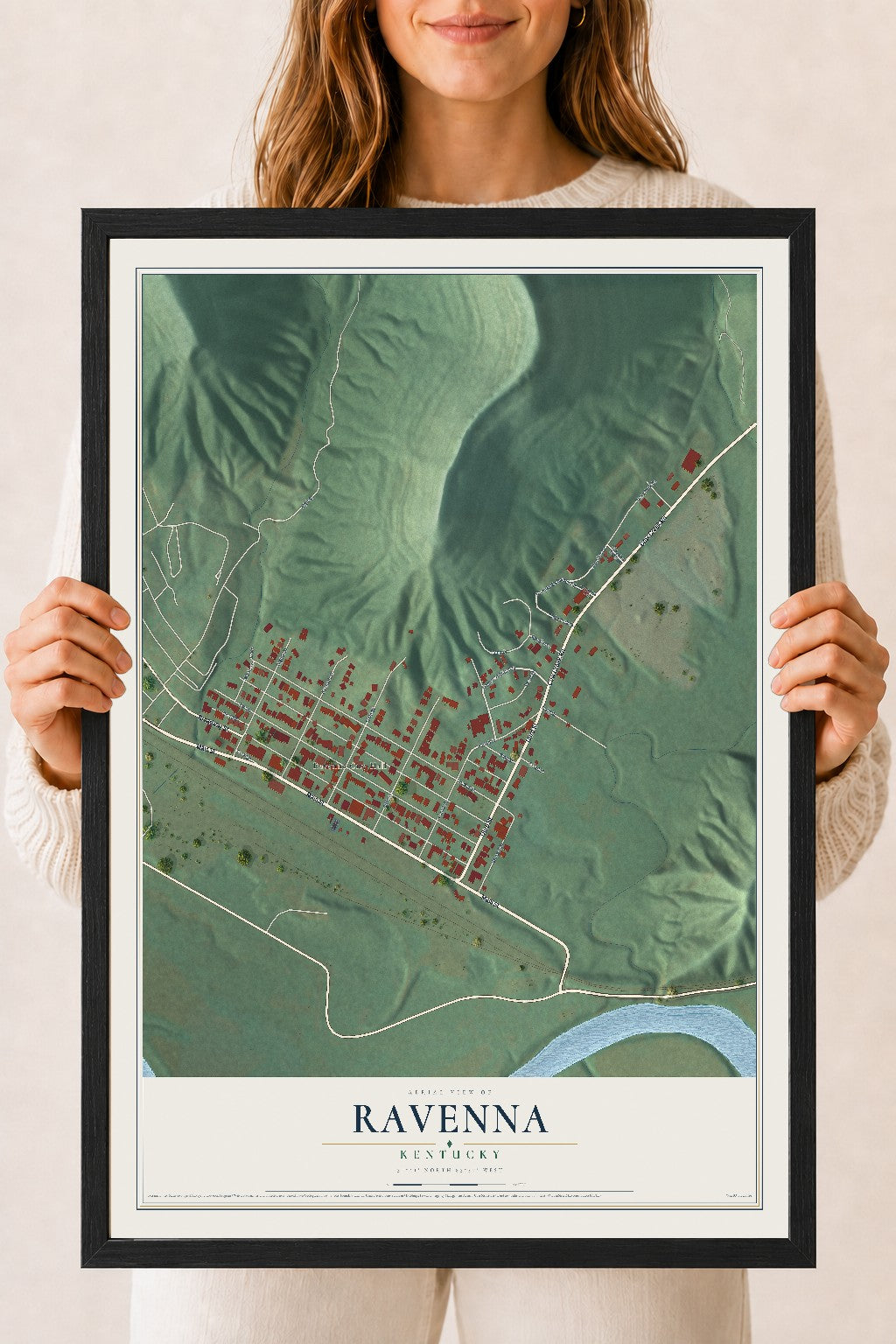 Map of Ravenna, Kentucky, 18 x 24 inch print in a black wood frame