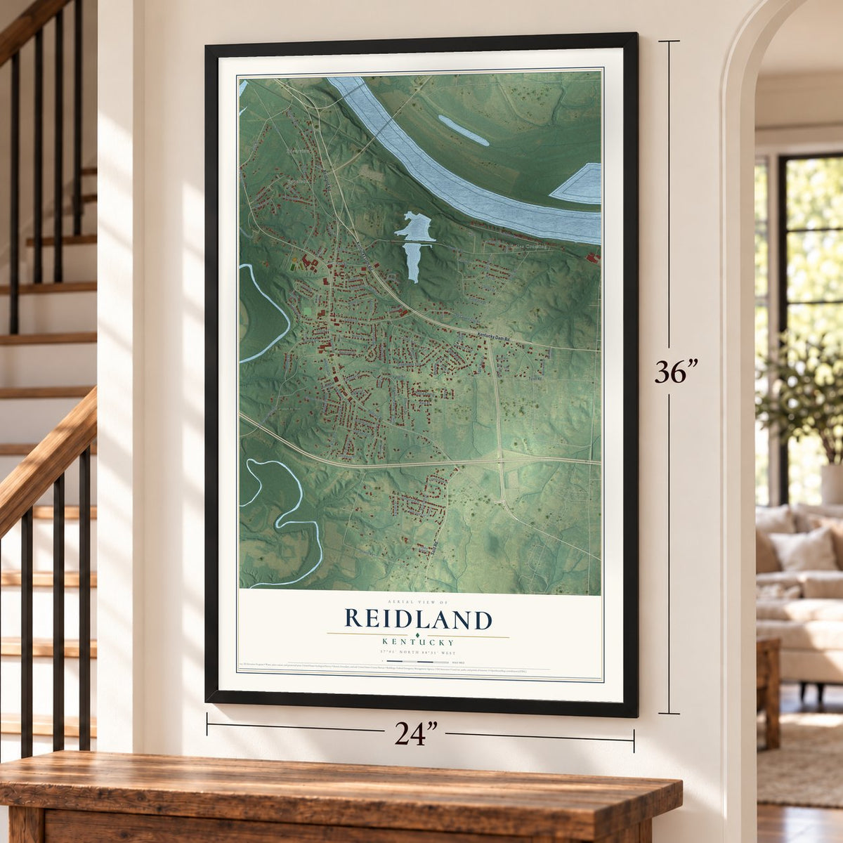 Reidland, Kentucky map, 24 x 36 inch print in a black frame by a staircase
