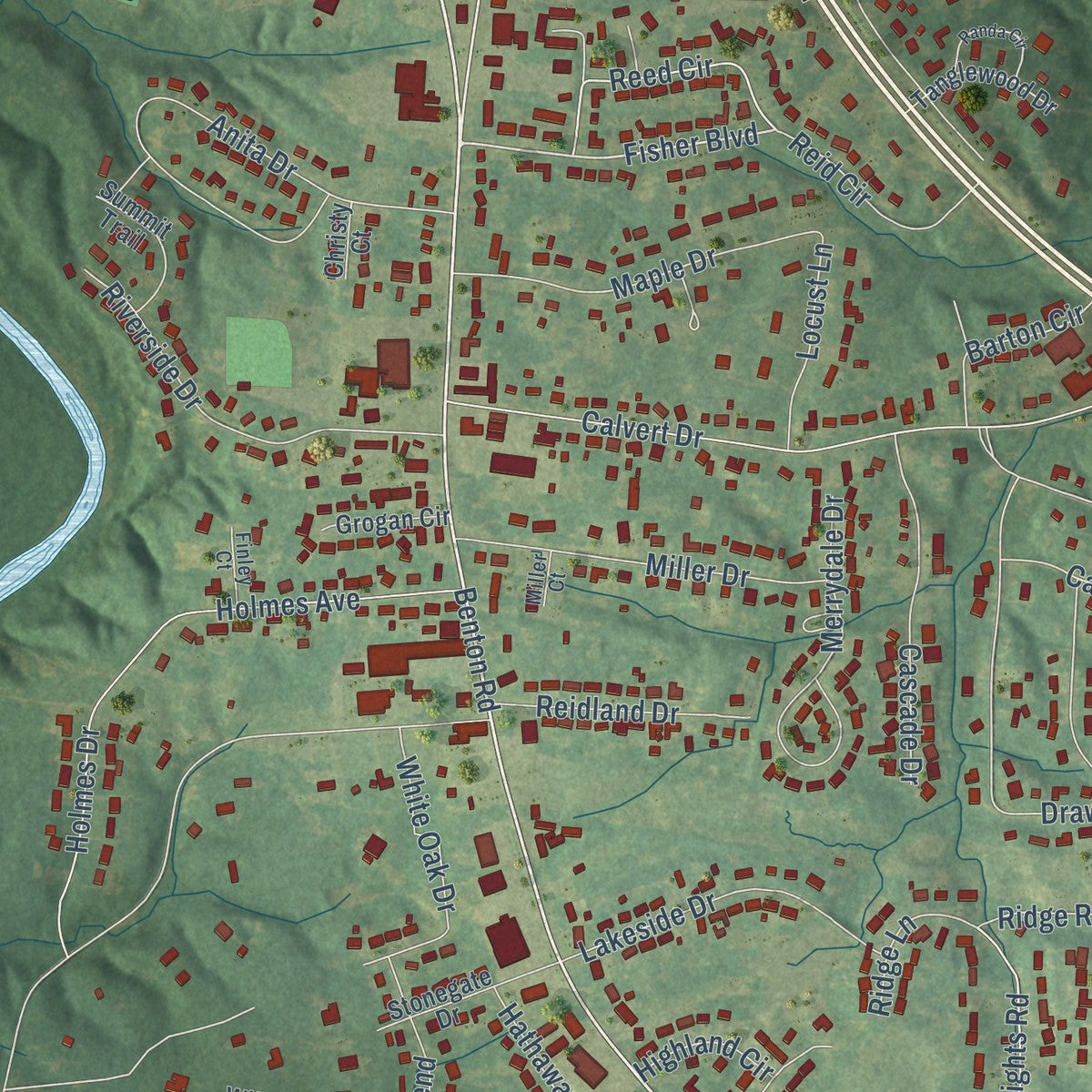 Close-up of the map of Reidland, Kentucky print showing street and building detail