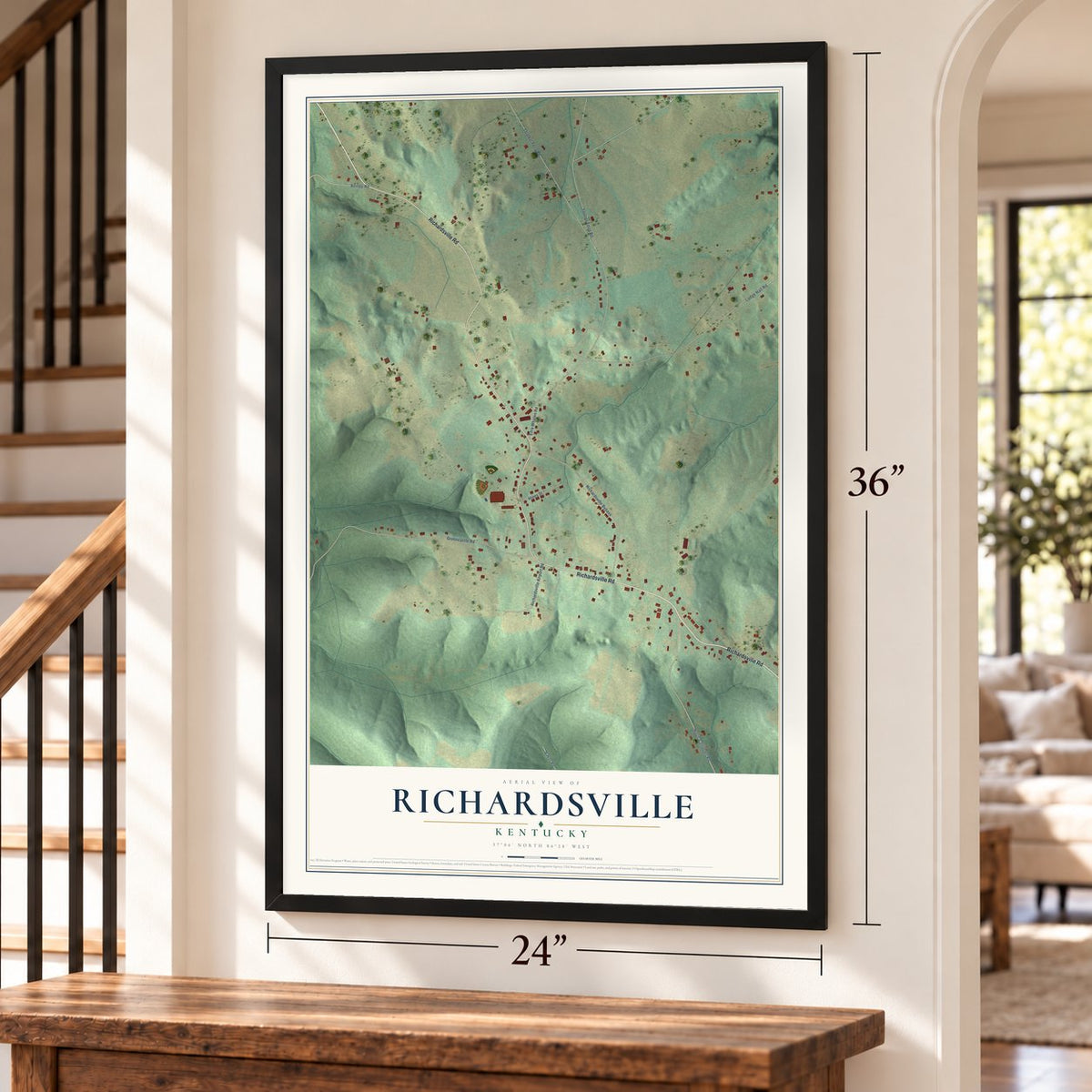 Richardsville, Kentucky map, 24 x 36 inch print in a black frame by a staircase