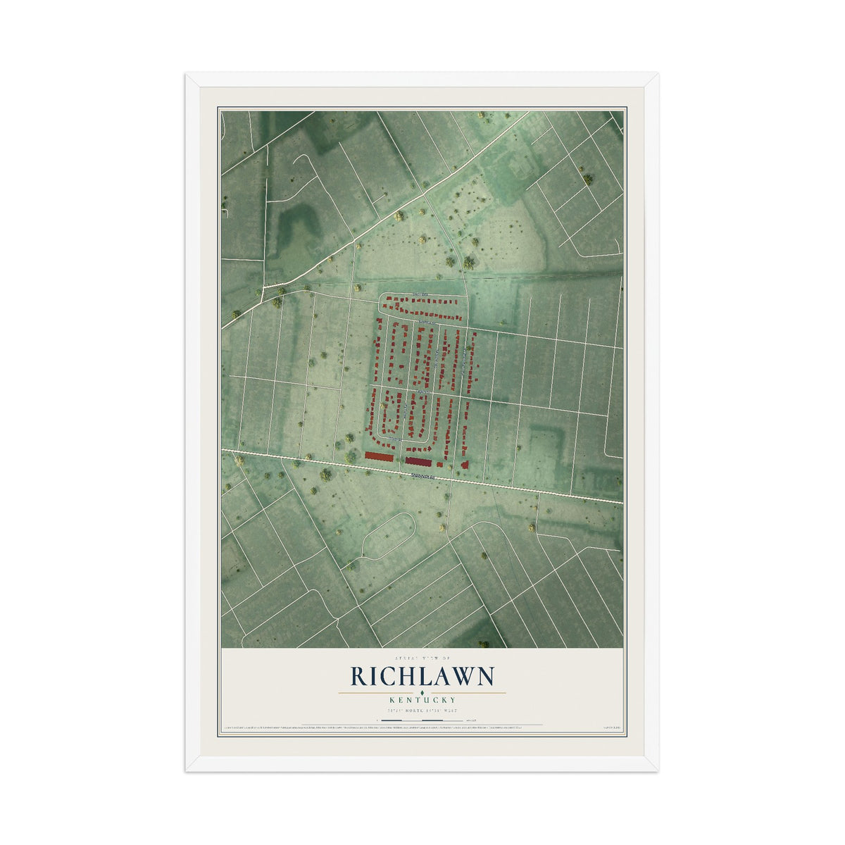 Map of Richlawn, Kentucky, 12 x 18 inch print in a white wood frame