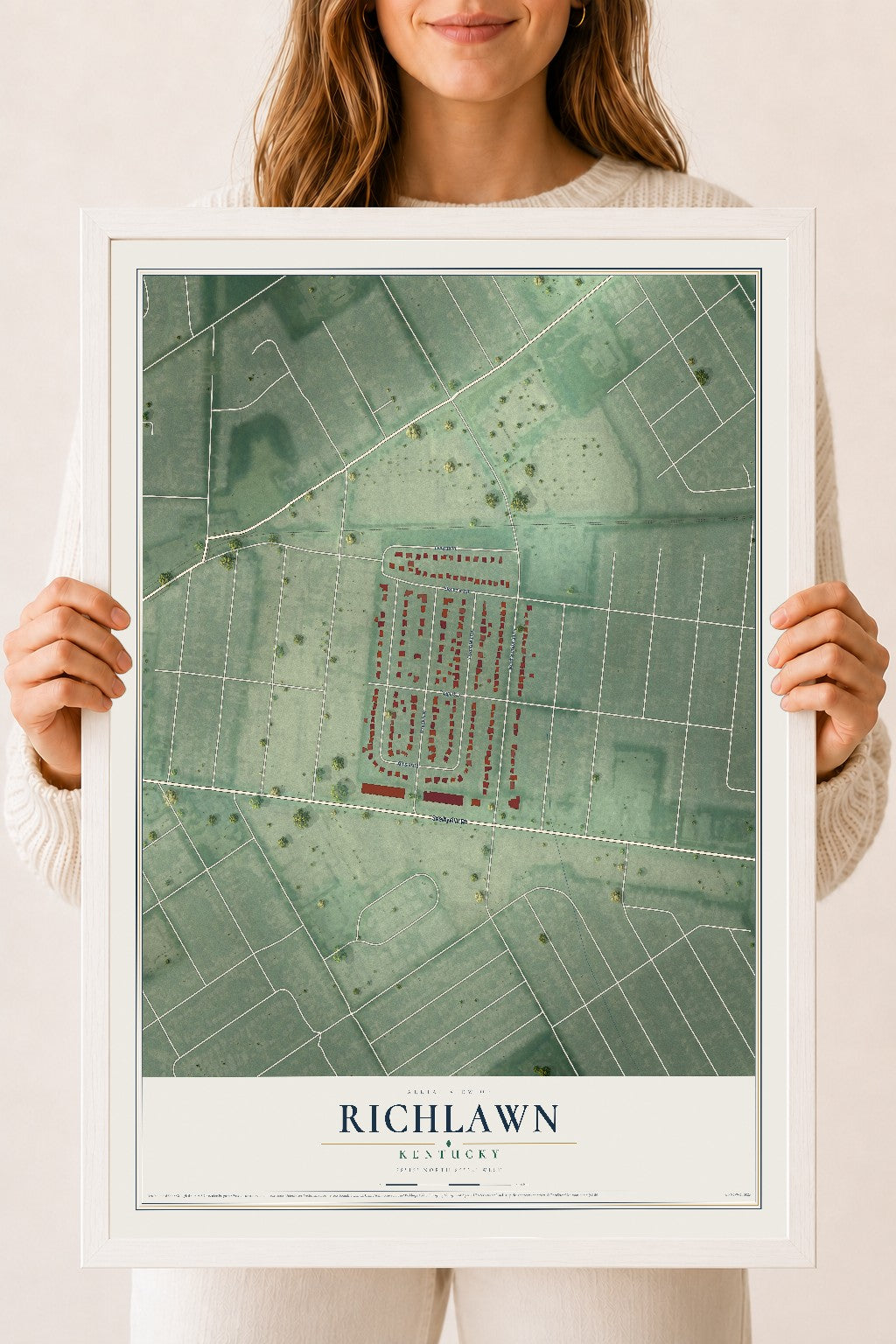 Map of Richlawn, Kentucky, 18 x 24 inch print in a white wood frame