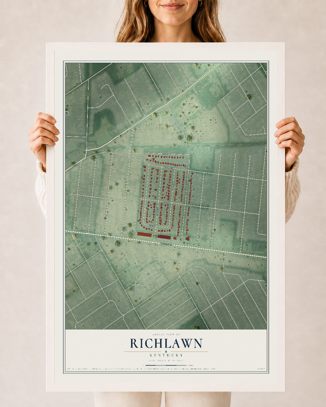 Map of Richlawn, Kentucky, 24 x 36 inch print in a white wood frame