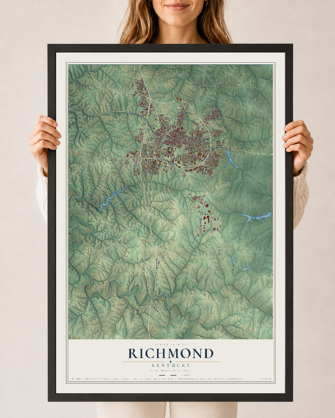 Map of Richmond, Kentucky, 24 x 36 inch print in a black wood frame