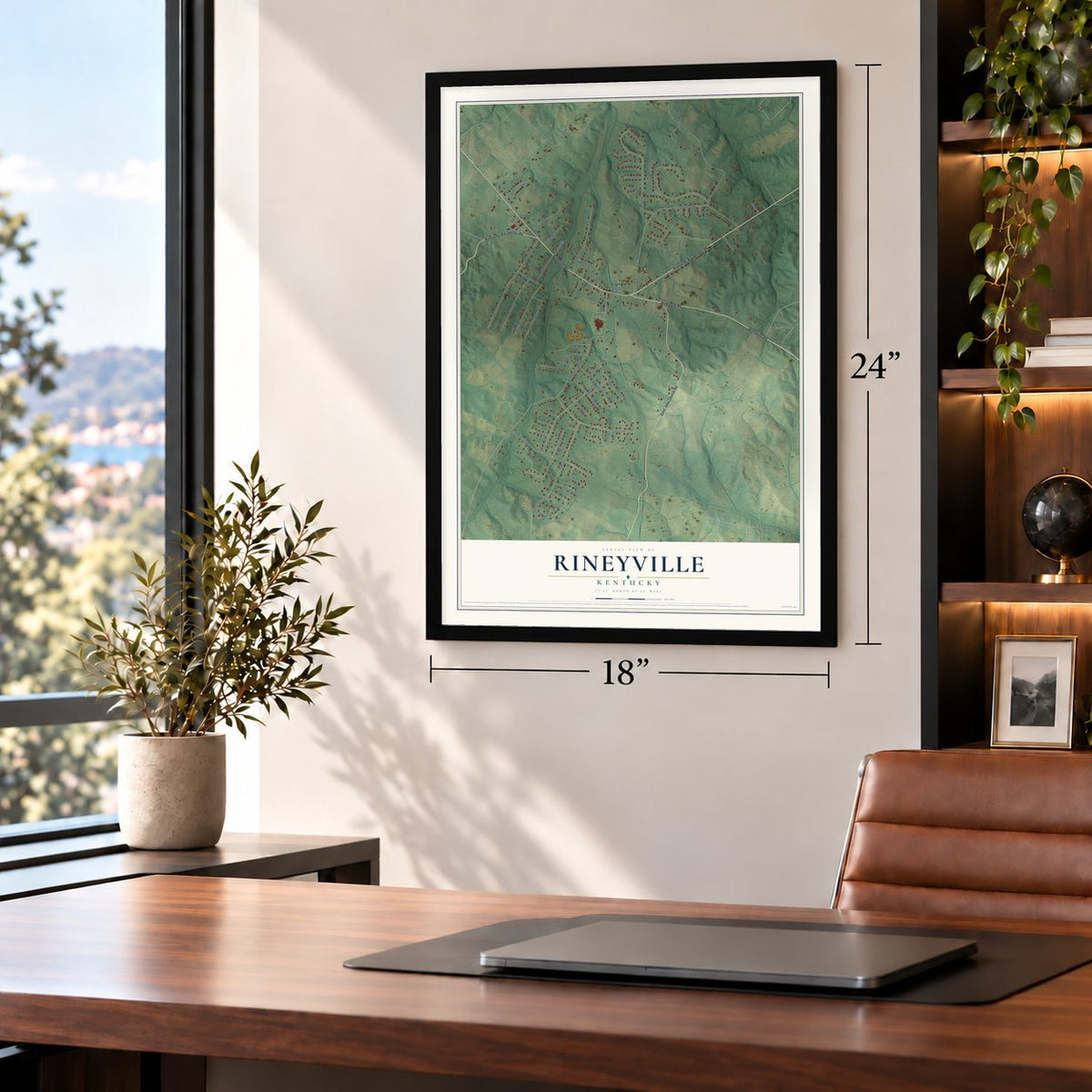 Rineyville, Kentucky map, 18 x 24 inch print in a black frame in a home office