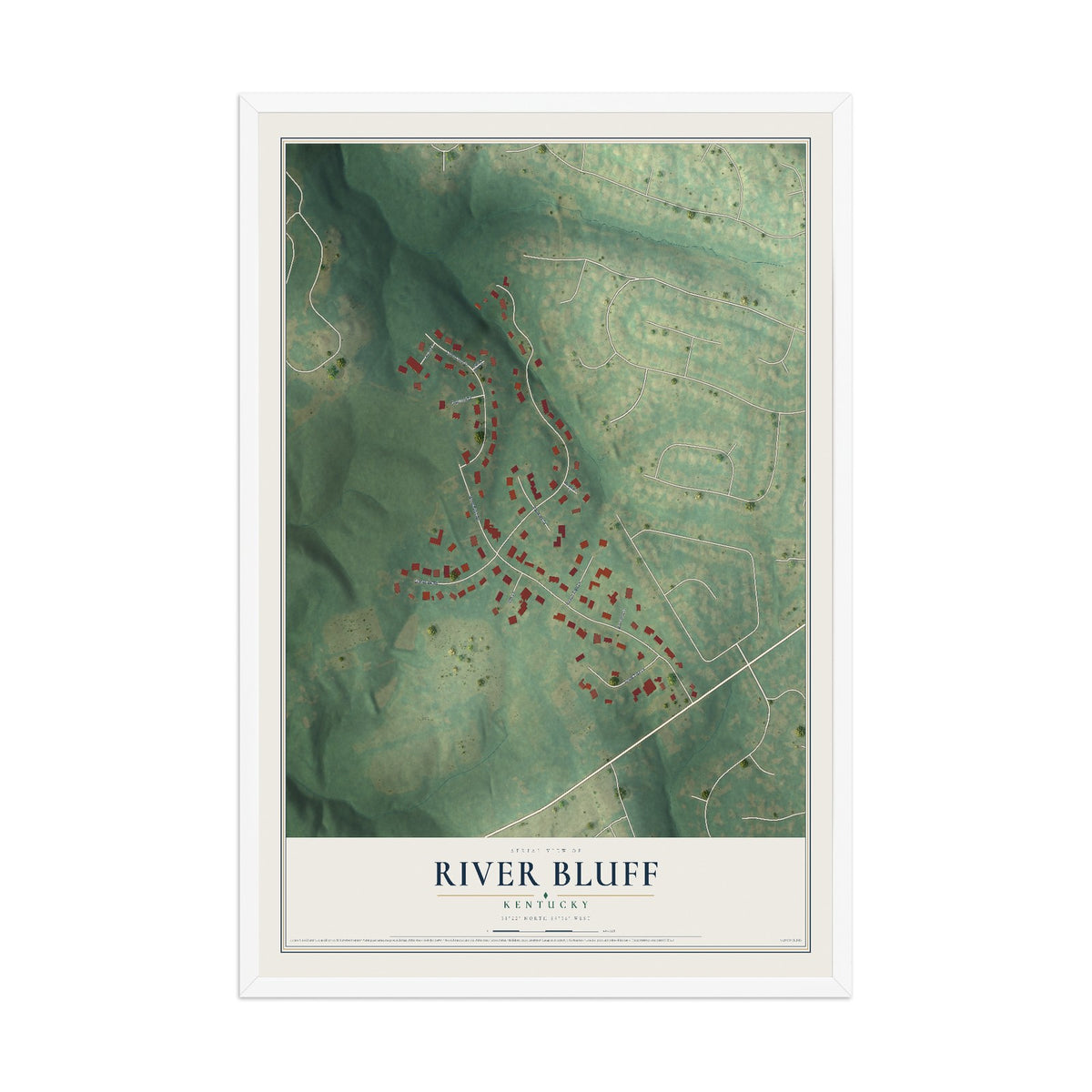 Map of River Bluff, Kentucky, 12 x 18 inch print in a white wood frame