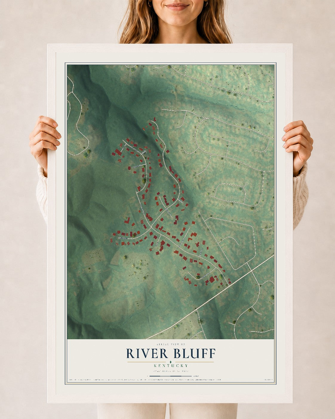 Map of River Bluff, Kentucky, 24 x 36 inch print in a white wood frame
