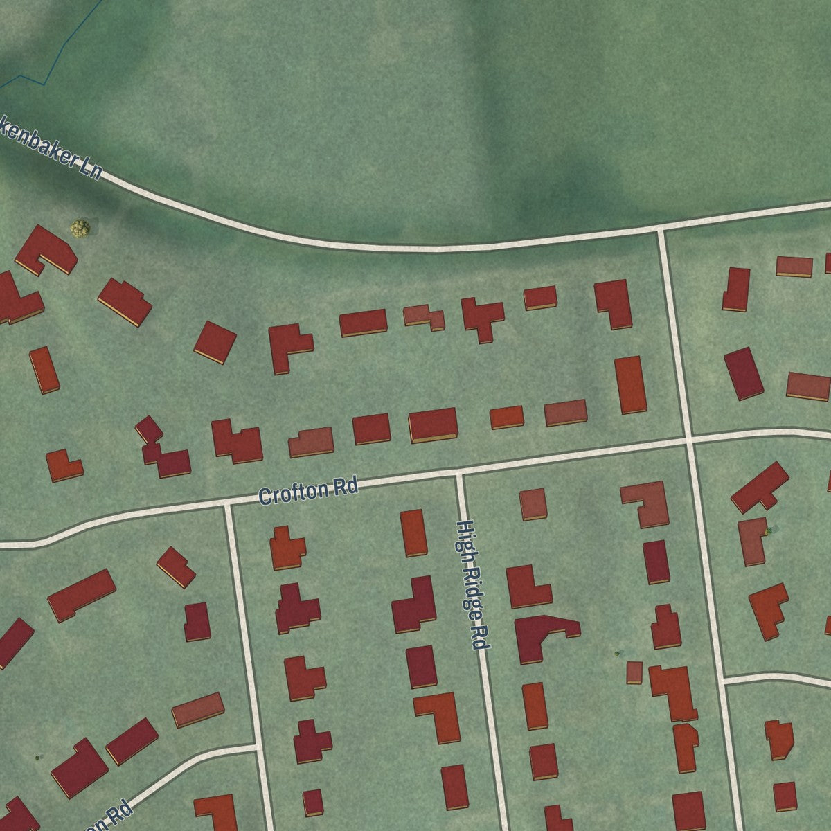 Close-up of the map of Riverwood, Kentucky print showing street and building detail