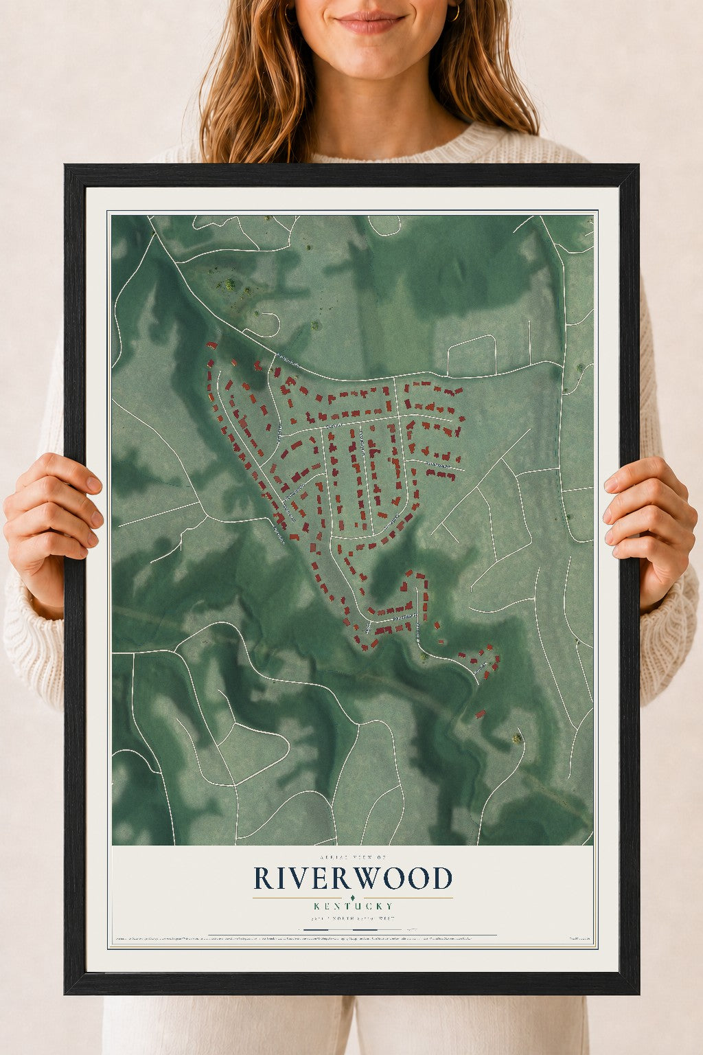 Map of Riverwood, Kentucky, 18 x 24 inch print in a black wood frame
