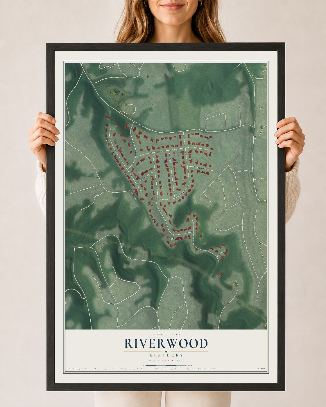 Map of Riverwood, Kentucky, 24 x 36 inch print in a black wood frame