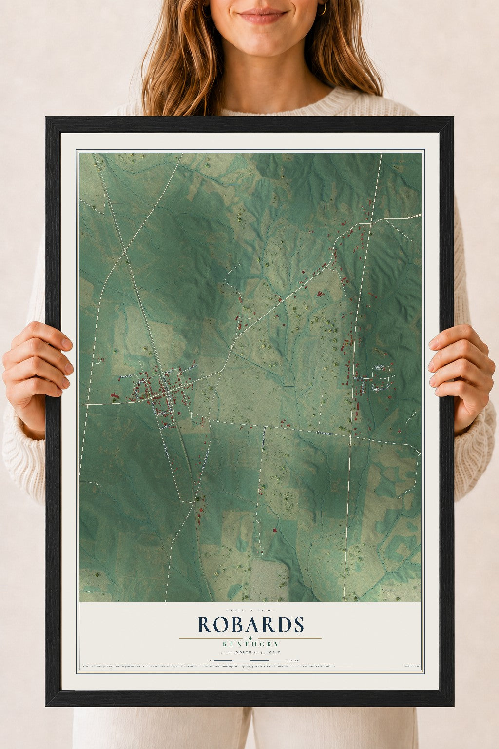 Map of Robards, Kentucky, 18 x 24 inch print in a black wood frame