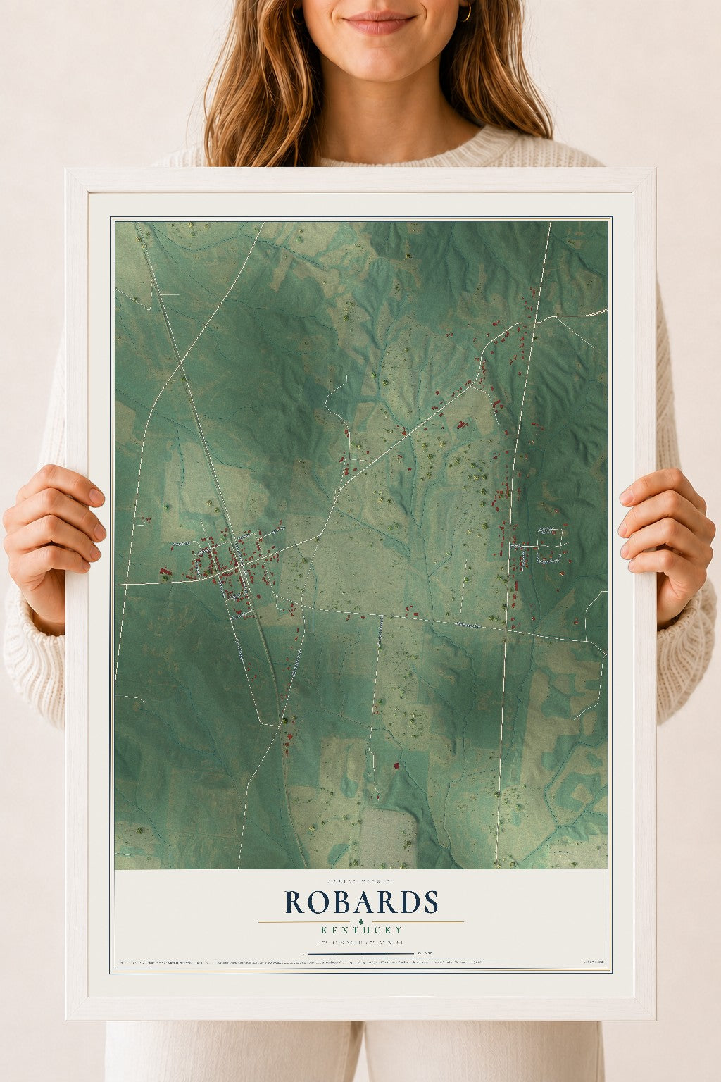 Map of Robards, Kentucky, 18 x 24 inch print in a white wood frame