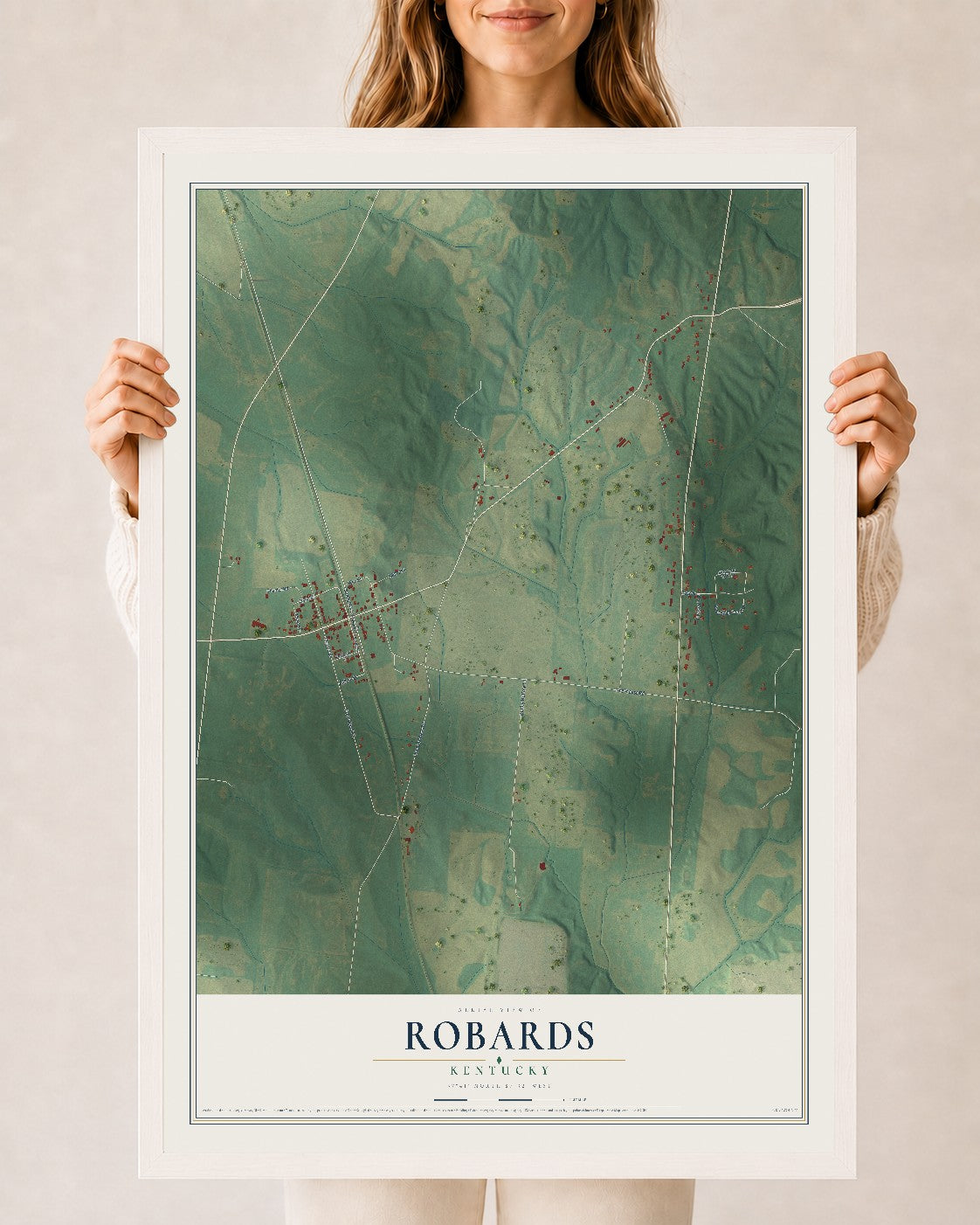 Map of Robards, Kentucky, 24 x 36 inch print in a white wood frame