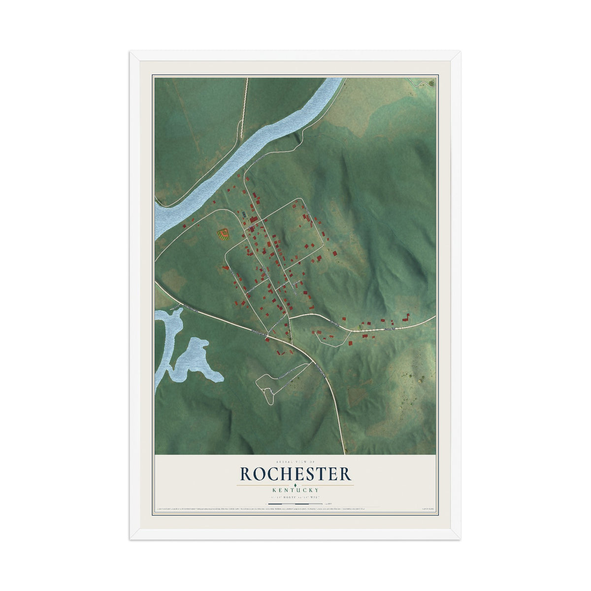 Map of Rochester, Kentucky, 12 x 18 inch print in a white wood frame