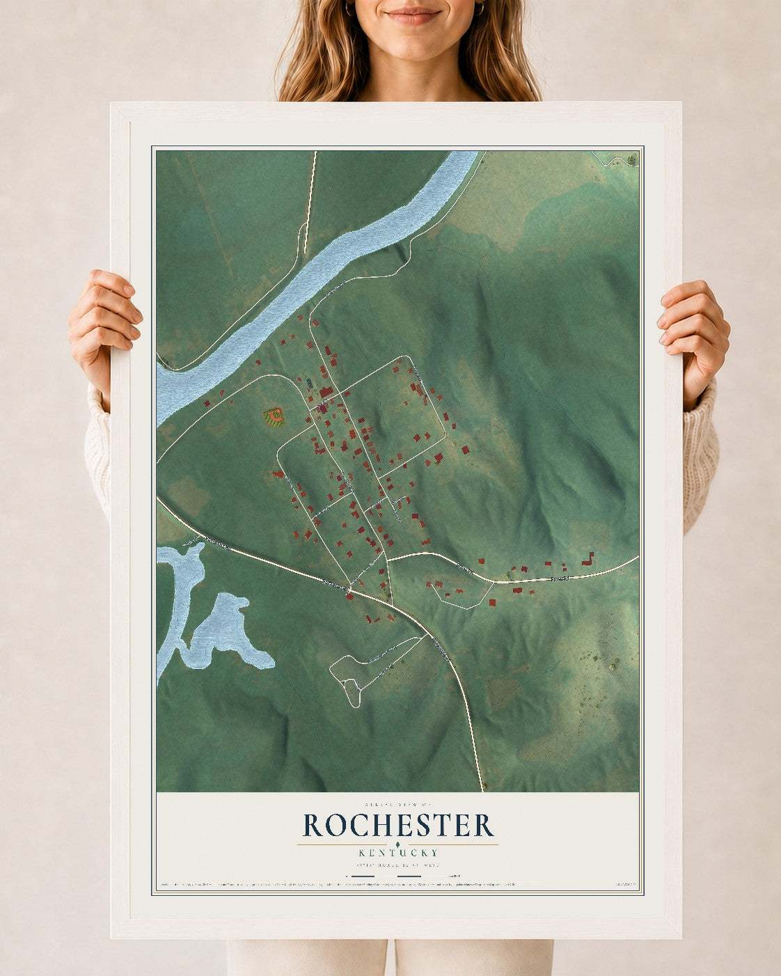 Map of Rochester, Kentucky, 24 x 36 inch print in a white wood frame
