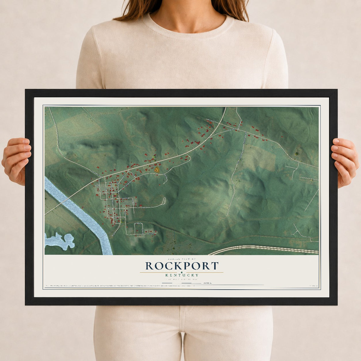 Map of Rockport, Kentucky, 12 x 18 inch print in a black wood frame