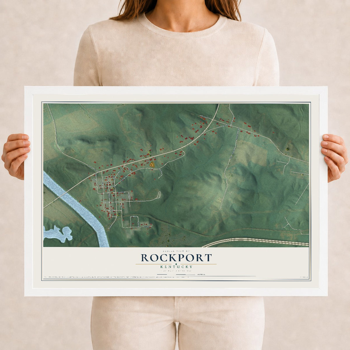 Map of Rockport, Kentucky, 12 x 18 inch print in a white wood frame