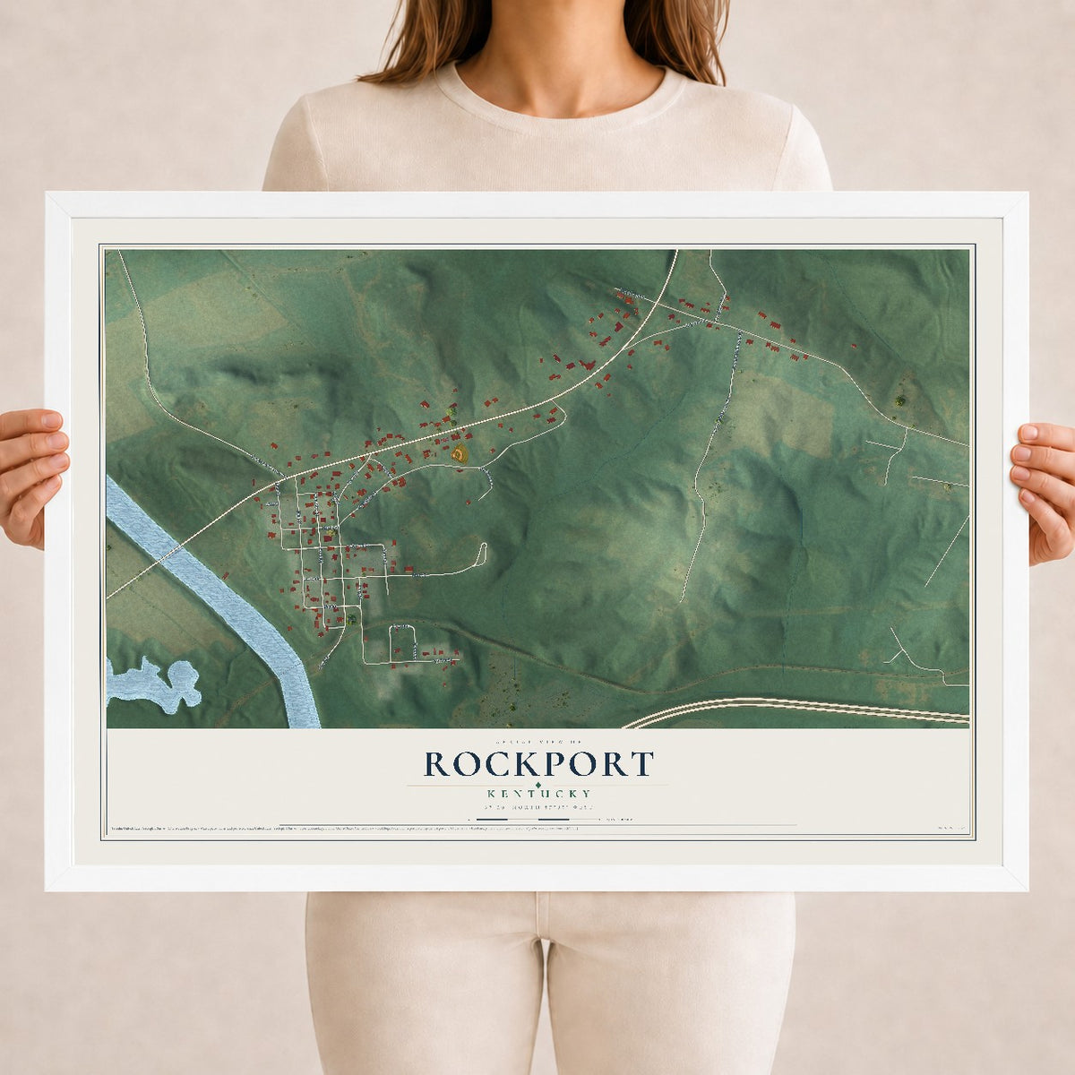 Map of Rockport, Kentucky, 18 x 24 inch print in a white wood frame