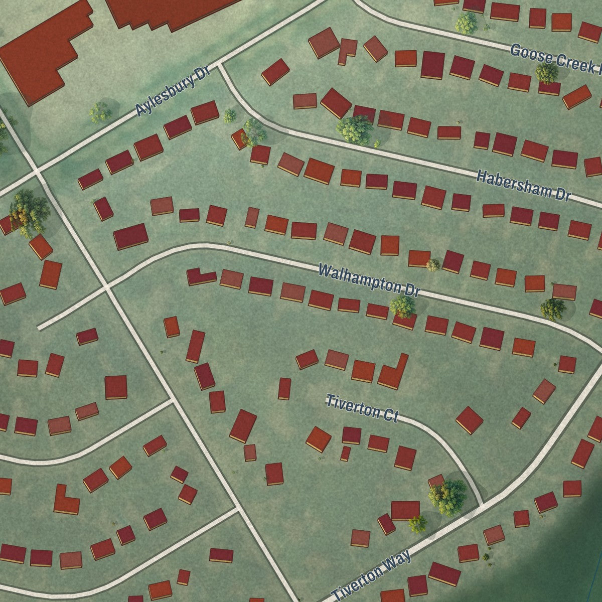 Close-up of the map of Rolling Hills, Kentucky print showing street and building detail