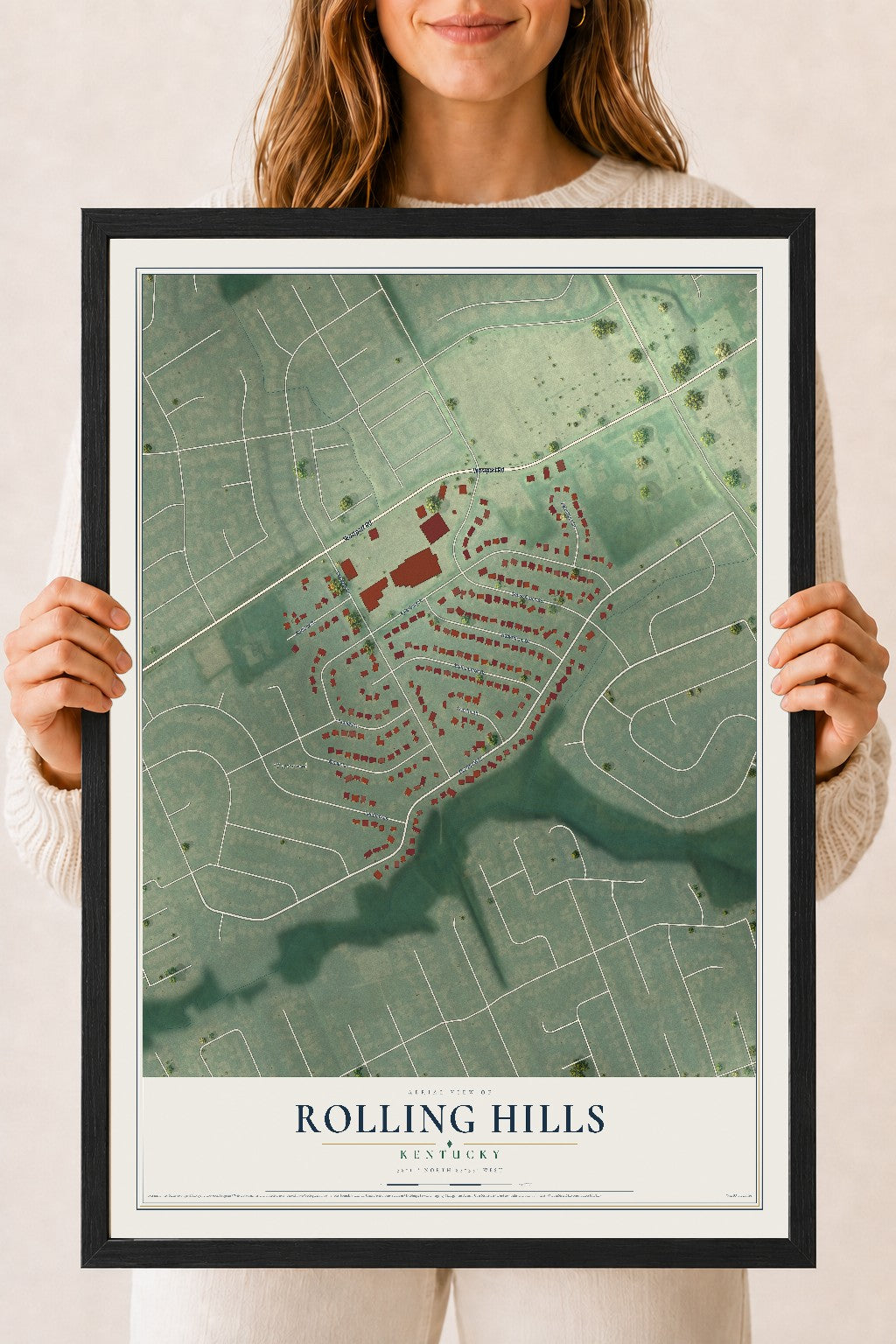 Map of Rolling Hills, Kentucky, 18 x 24 inch print in a black wood frame
