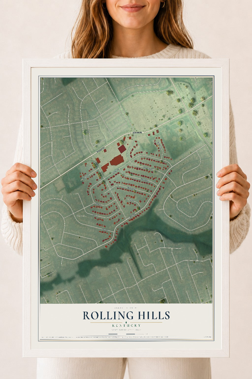 Map of Rolling Hills, Kentucky, 18 x 24 inch print in a white wood frame