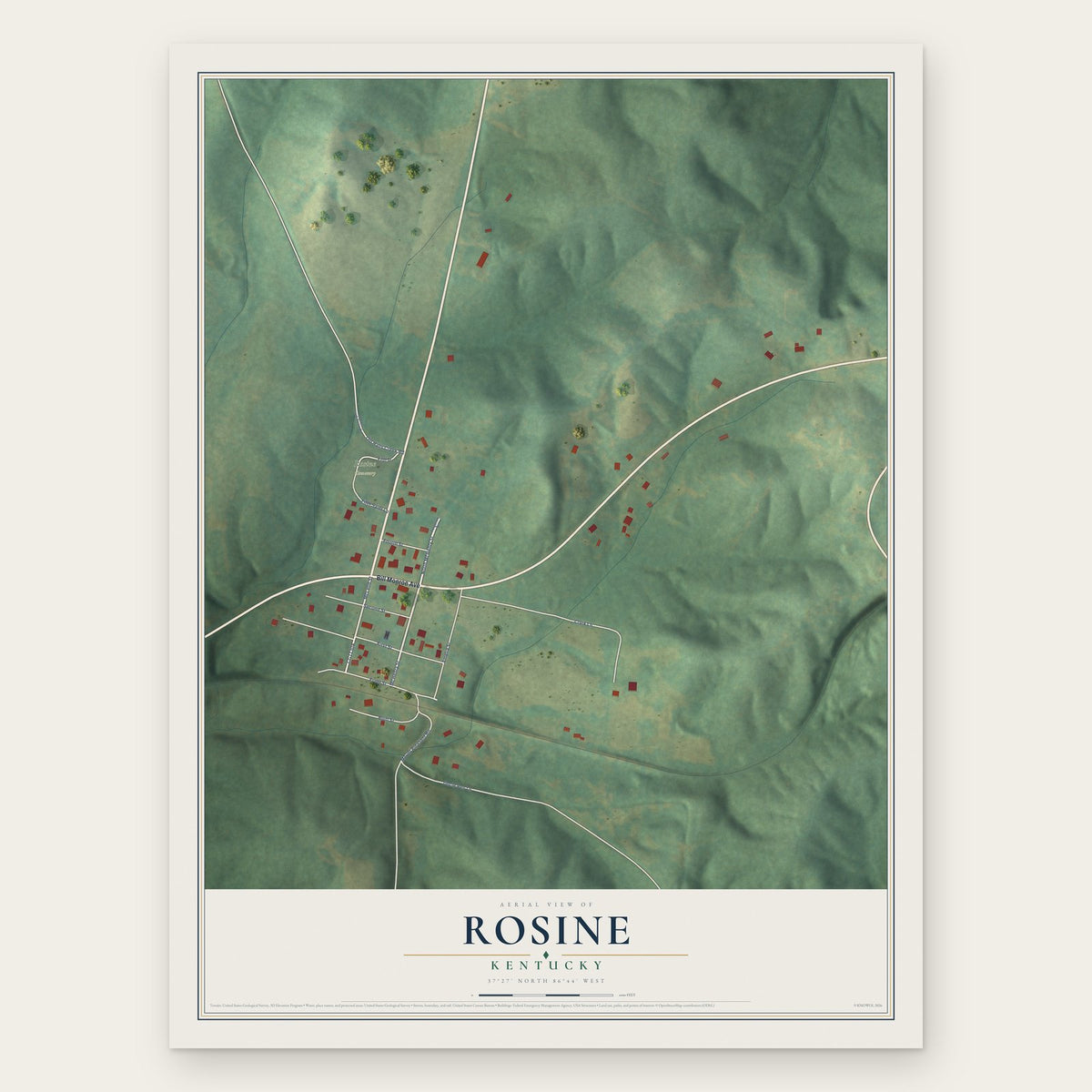 Rosine, Kentucky map print, the full design