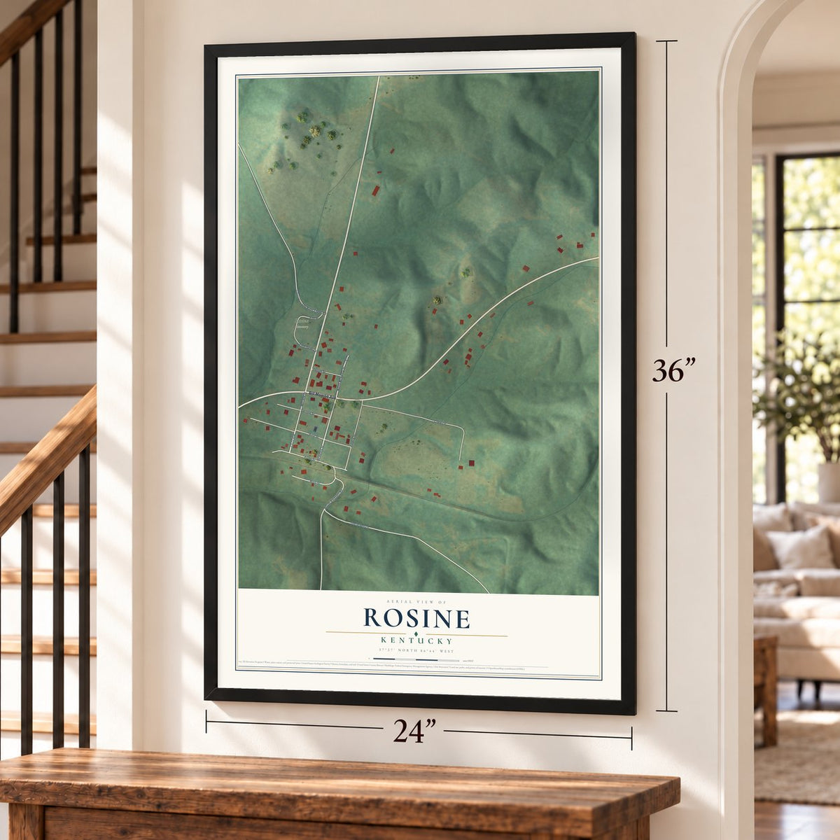 Rosine, Kentucky map, 24 x 36 inch print in a black frame by a staircase