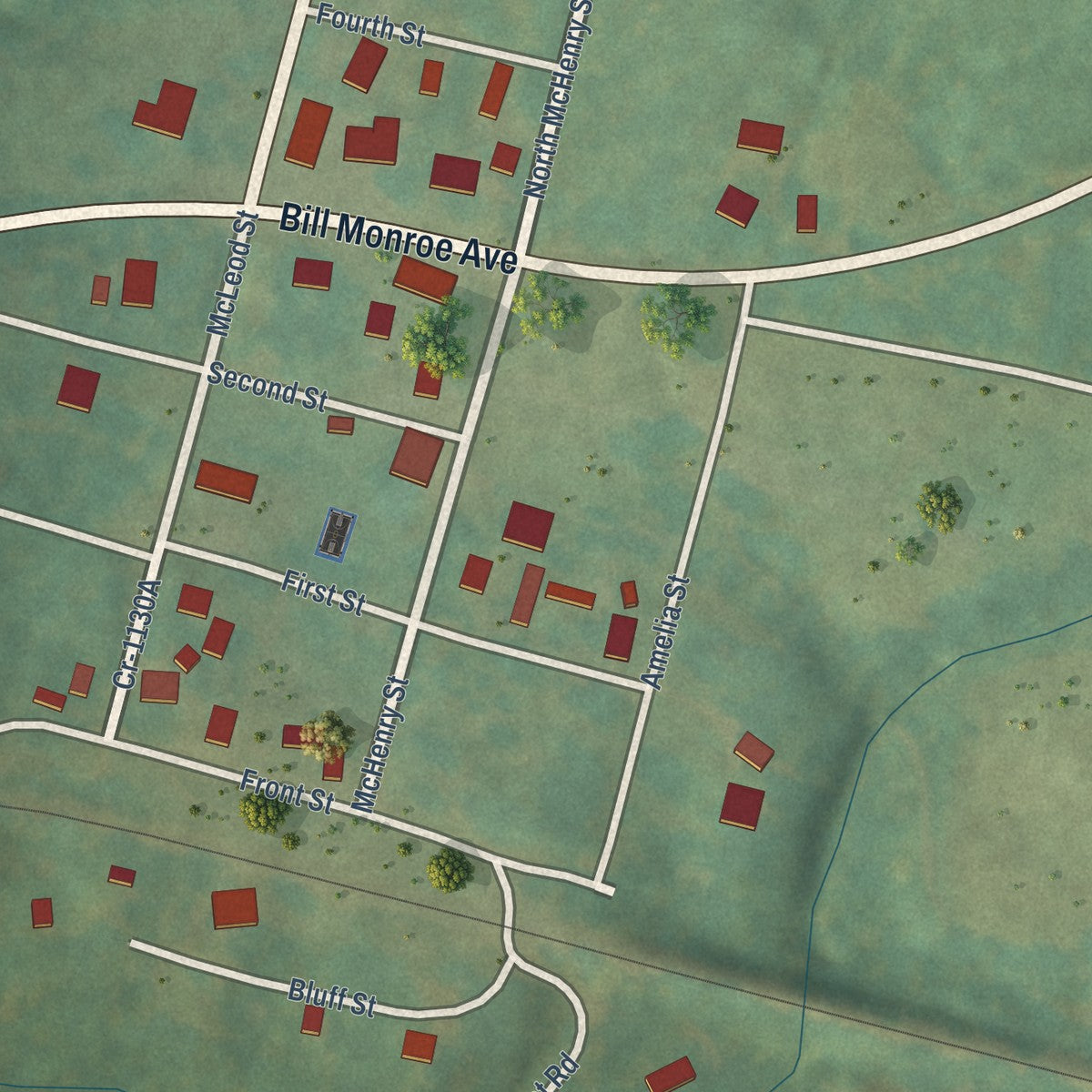 Close-up of the map of Rosine, Kentucky print showing street and building detail