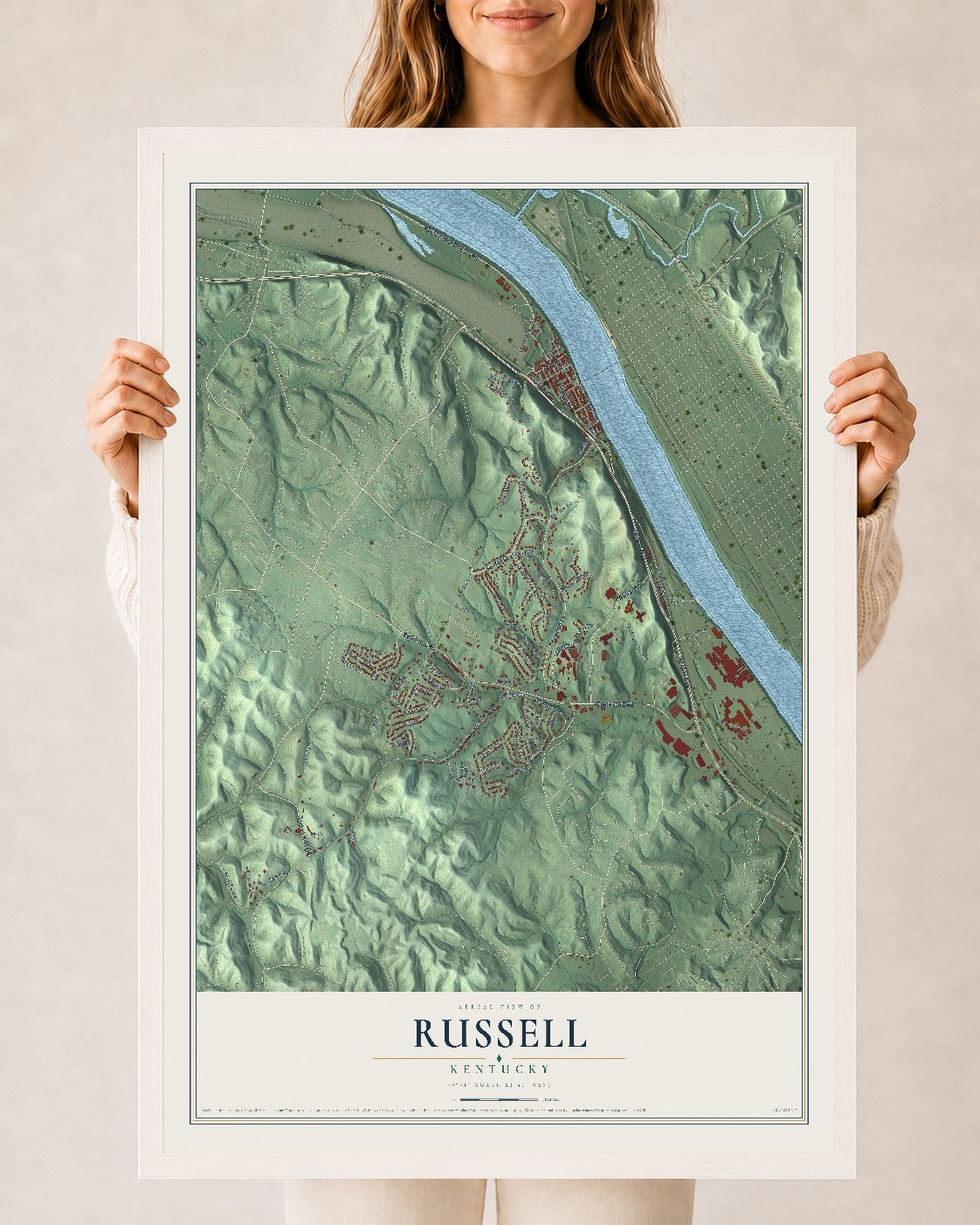 Map of Russell, Kentucky, 24 x 36 inch print in a white wood frame