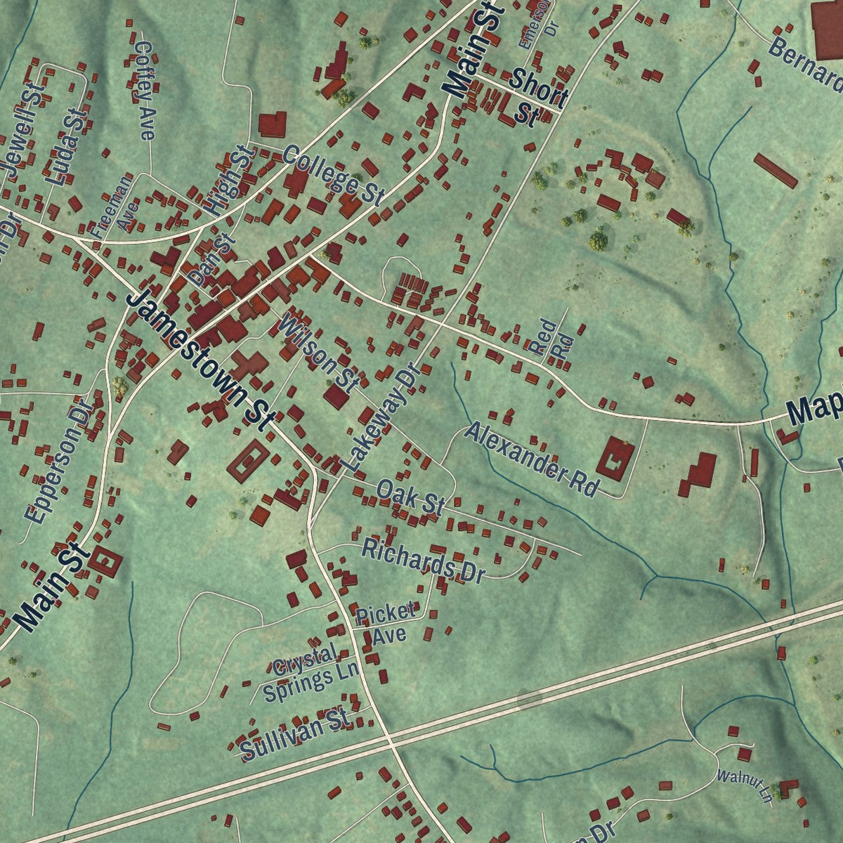 Close-up of the map of Russell Springs, Kentucky print showing street and building detail