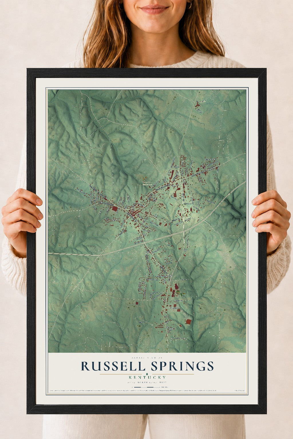 Map of Russell Springs, Kentucky, 18 x 24 inch print in a black wood frame
