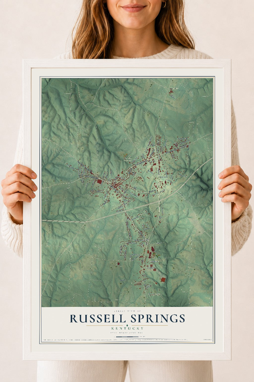 Map of Russell Springs, Kentucky, 18 x 24 inch print in a white wood frame