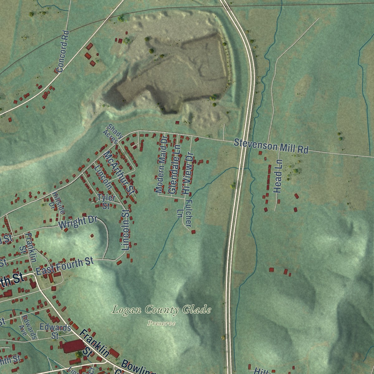 Second close-up of the map of Russellville, Kentucky print showing more streets and buildings