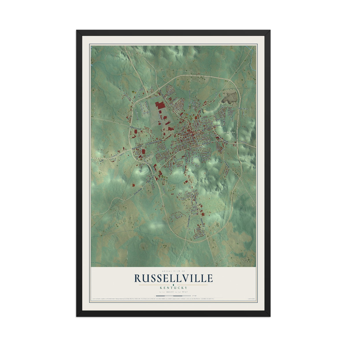 Map of Russellville, Kentucky, 12 x 18 inch print in a black wood frame