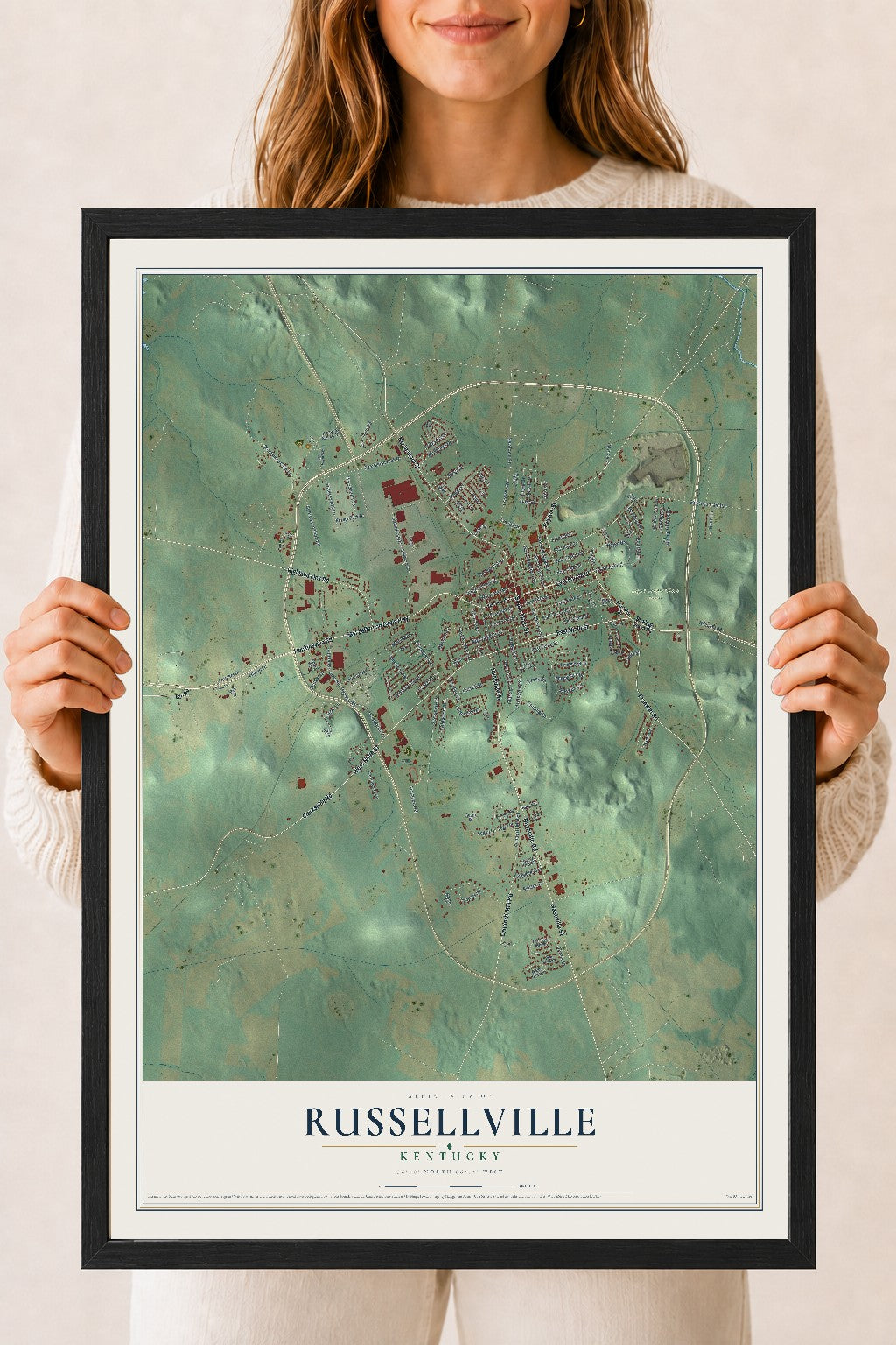 Map of Russellville, Kentucky, 18 x 24 inch print in a black wood frame