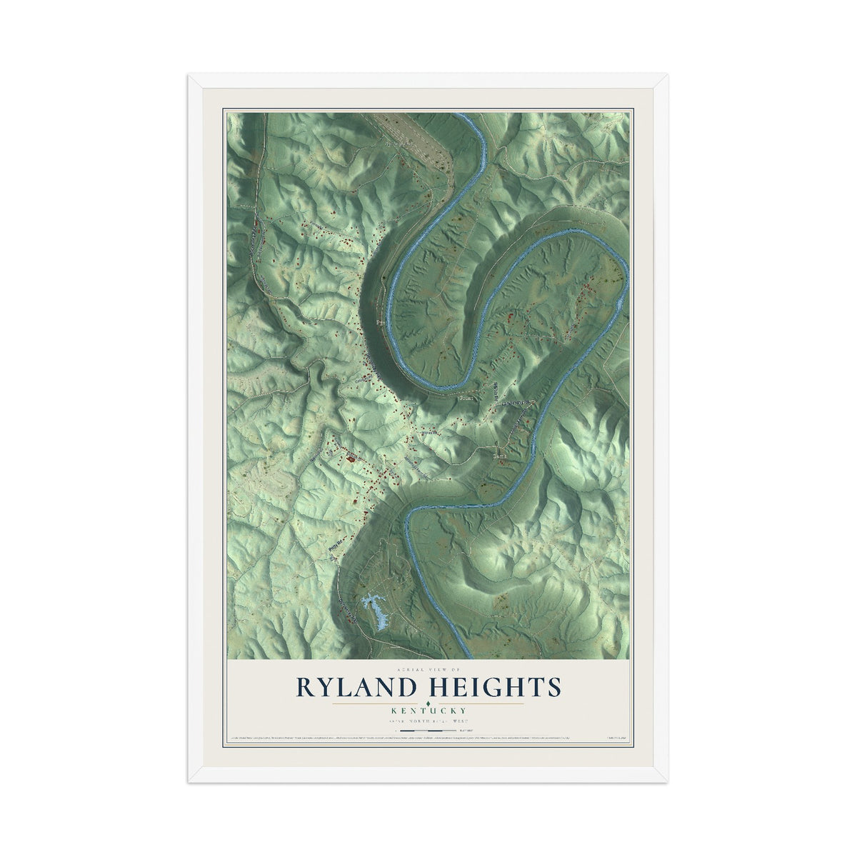 Map of Ryland Heights, Kentucky, 12 x 18 inch print in a white wood frame