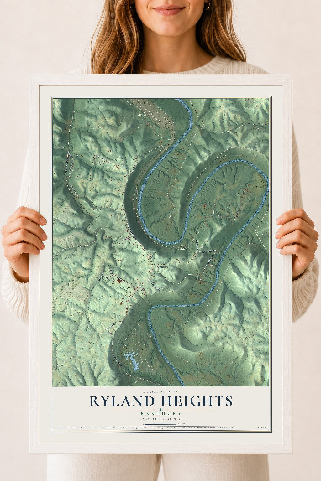 Map of Ryland Heights, Kentucky, 18 x 24 inch print in a white wood frame