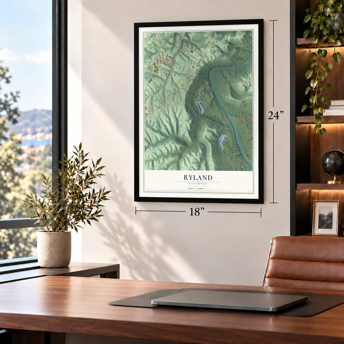Ryland, Kentucky map, 18 x 24 inch print in a black frame in a home office