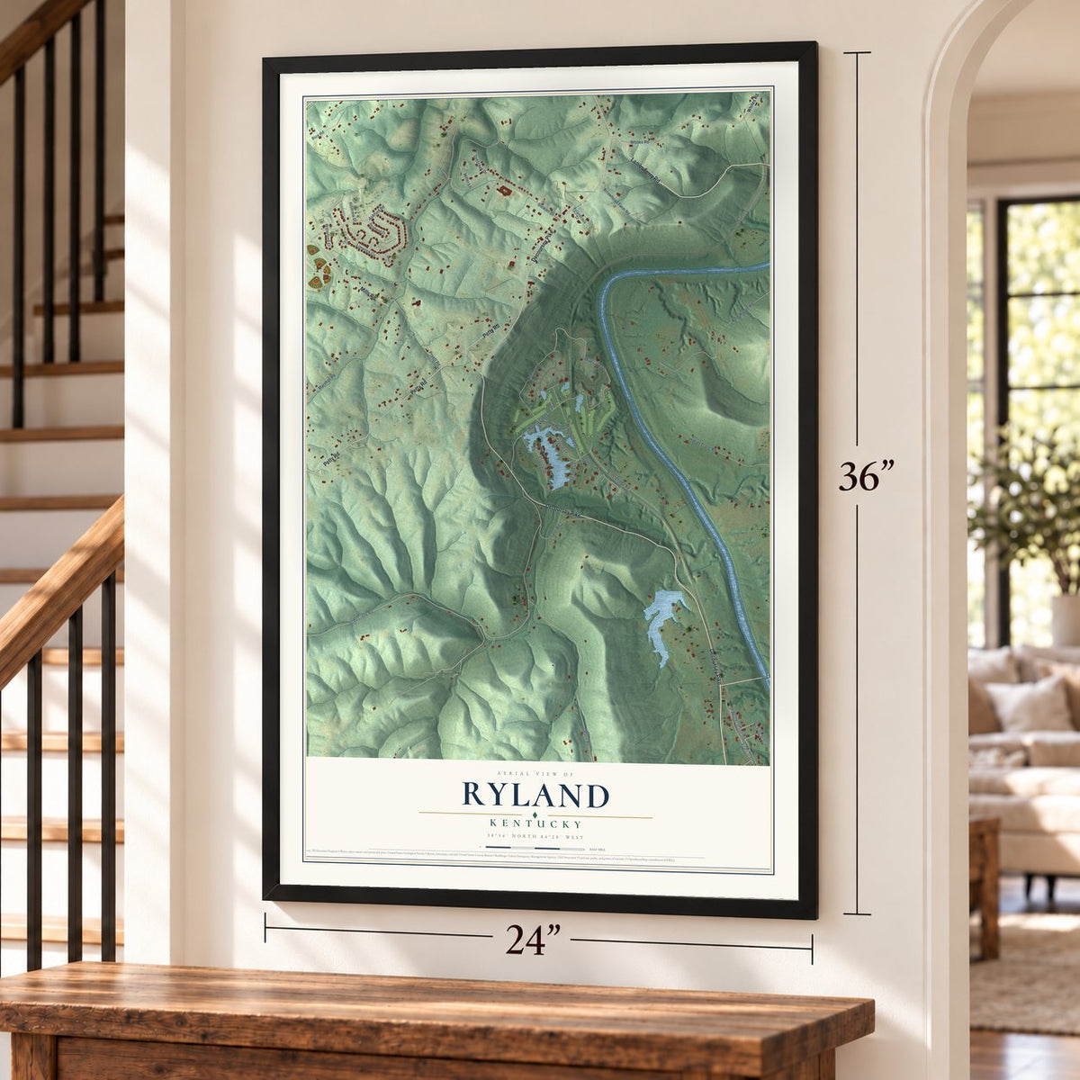 Ryland, Kentucky map, 24 x 36 inch print in a black frame by a staircase