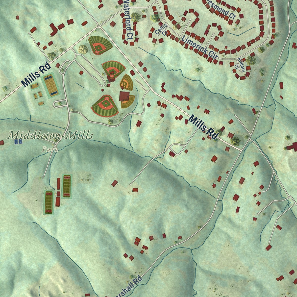 Close-up of the map of Ryland, Kentucky print showing street and building detail