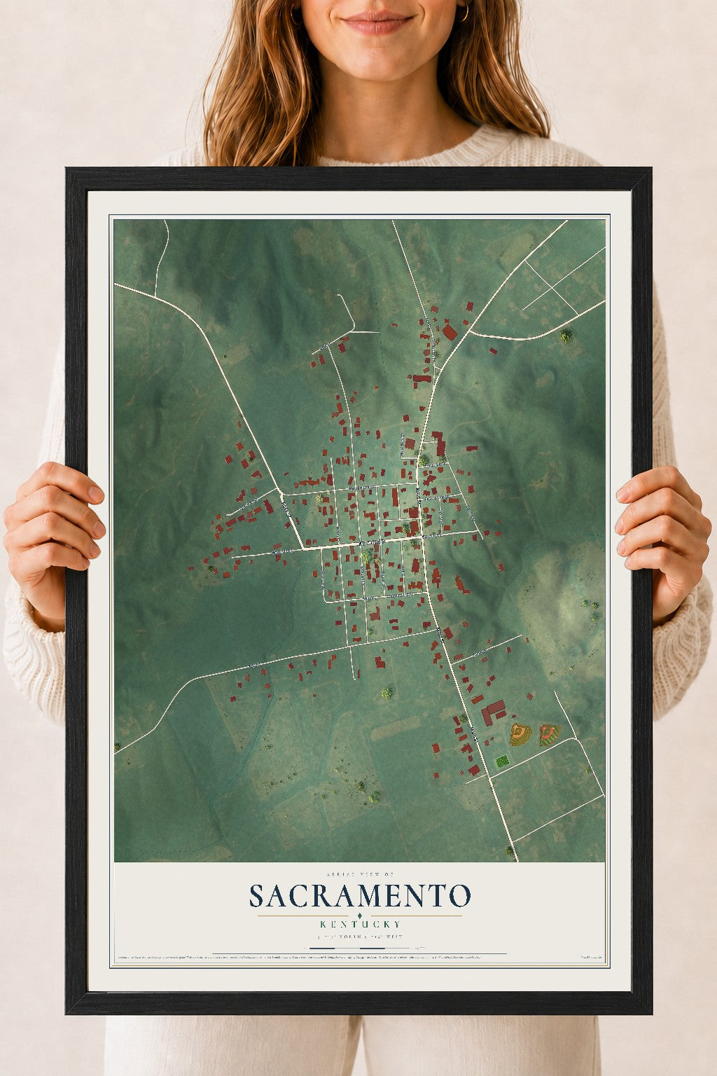 Map of Sacramento, Kentucky, 18 x 24 inch print in a black wood frame