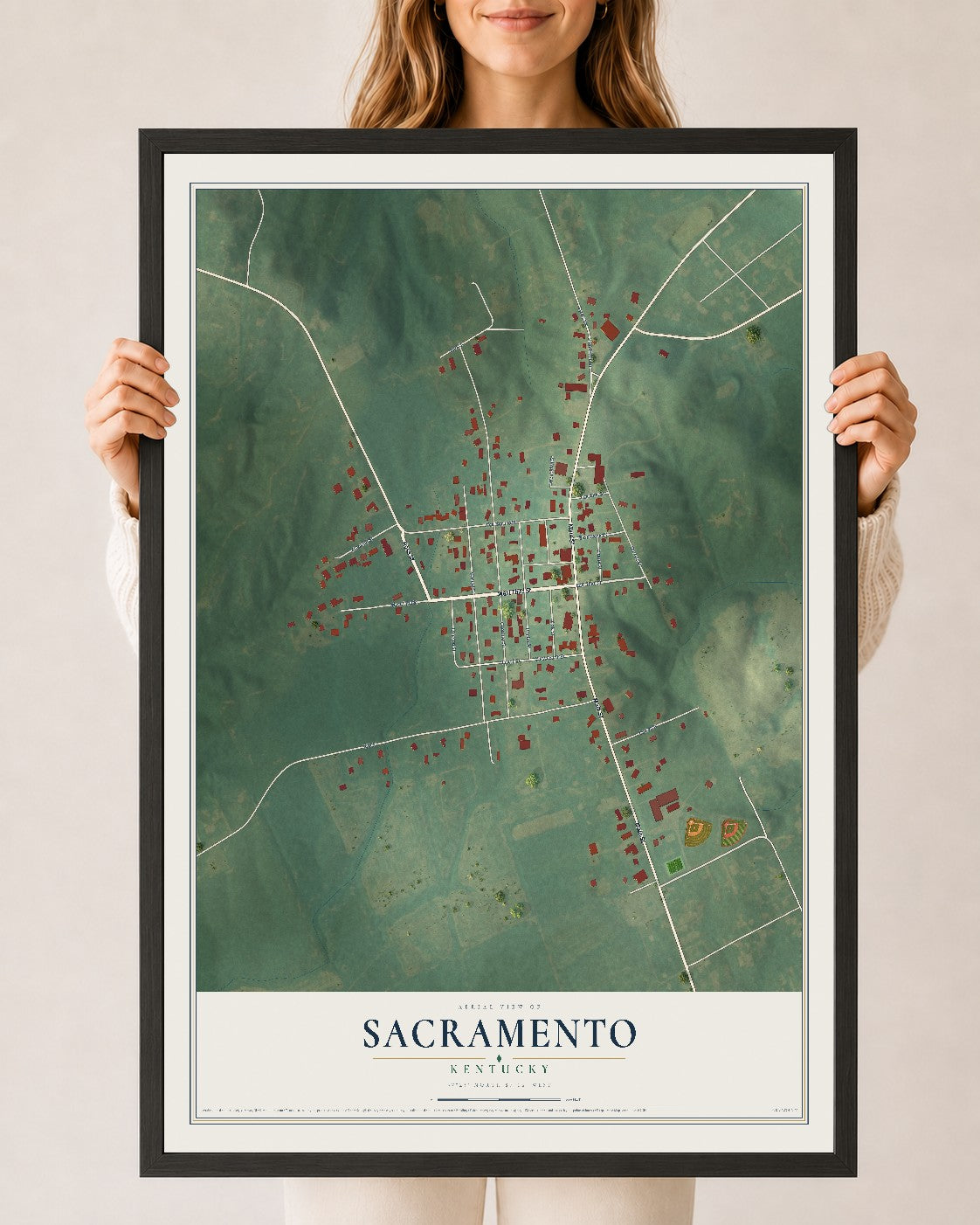 Map of Sacramento, Kentucky, 24 x 36 inch print in a black wood frame