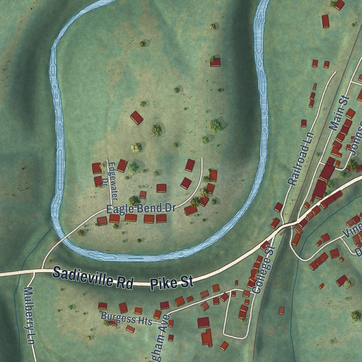 Second close-up of the map of Sadieville, Kentucky print showing more streets and buildings