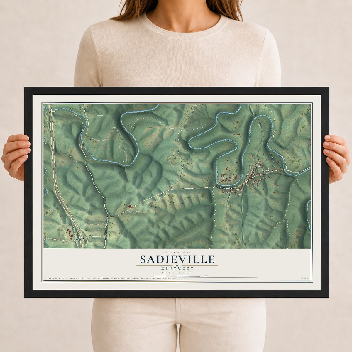 Map of Sadieville, Kentucky, 12 x 18 inch print in a black wood frame