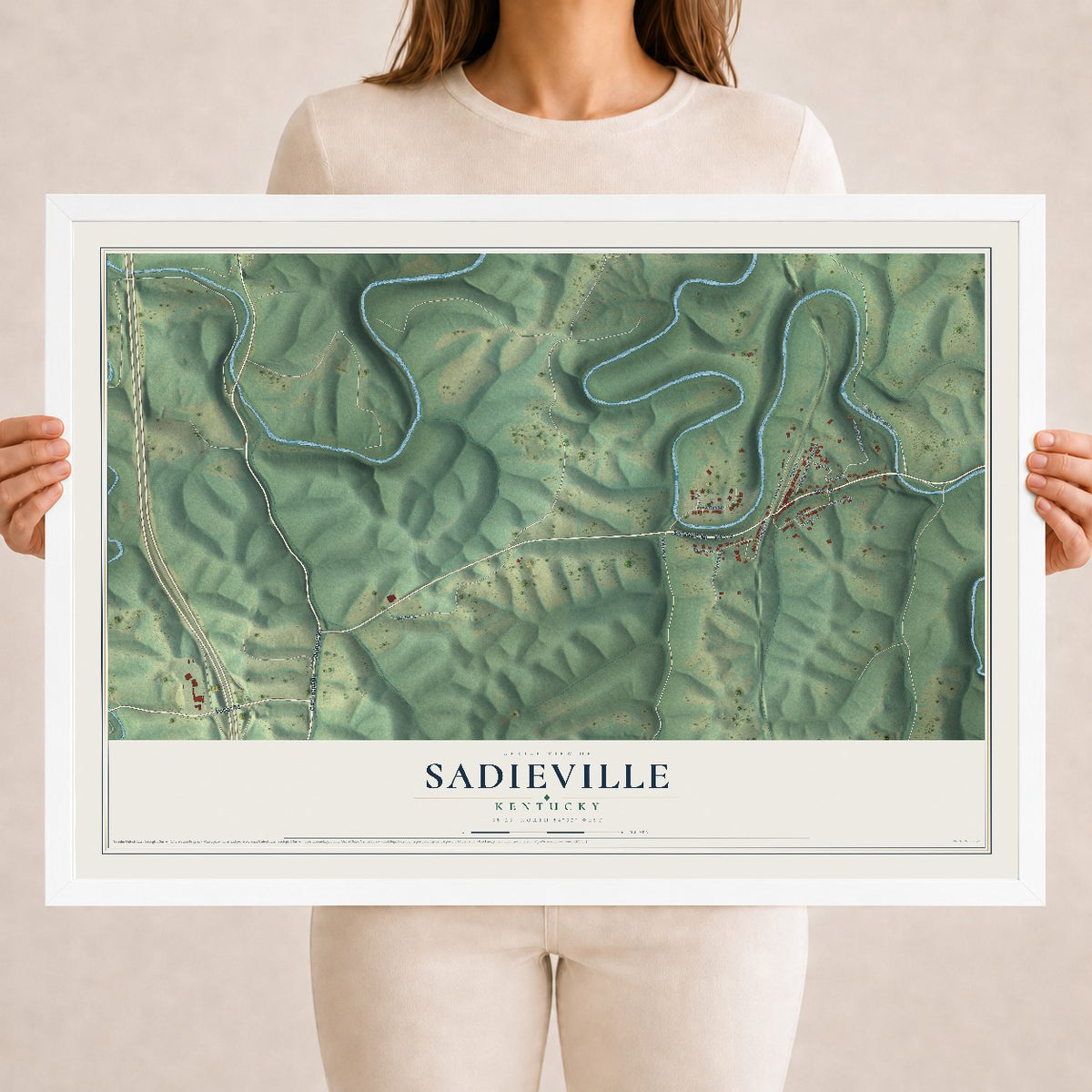 Map of Sadieville, Kentucky, 18 x 24 inch print in a white wood frame